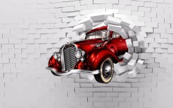 Fotobehang stenen muur met rode klassieke auto _AS345325542